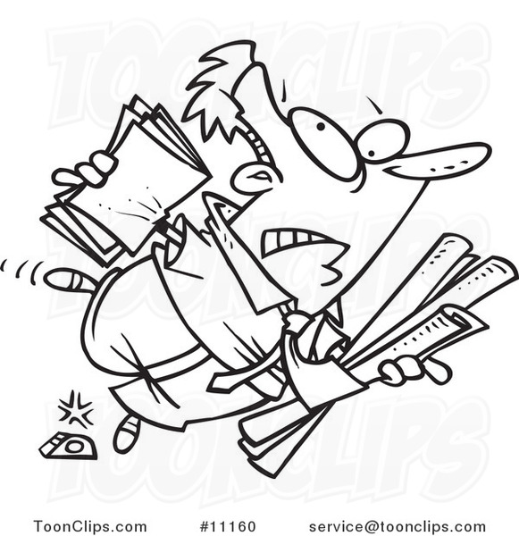 Cartoon Black and White Line Drawing of a Clumsy Business Man Stumbling