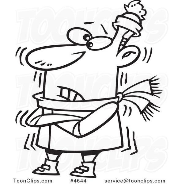 Cartoon Black And White Line Drawing Of A Cold Guy Shivering 4644 By Ron Leishman