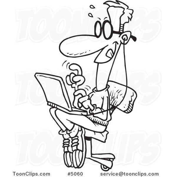 Cartoon Black and White Line Drawing of a College Boy Using a Laptop