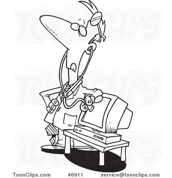 Cartoon Black and White Line Drawing of a Computer Medic