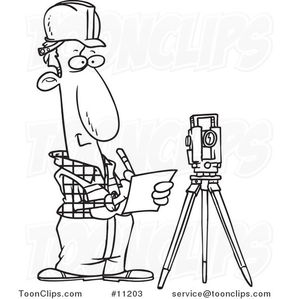 Cartoon Black and White Line Drawing of a Construction Surveyor