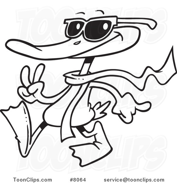 Cartoon Black and White Line Drawing of a Cool Duck