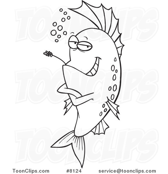 Cartoon Black and White Line Drawing of a Cool Fish Chewing on Straw