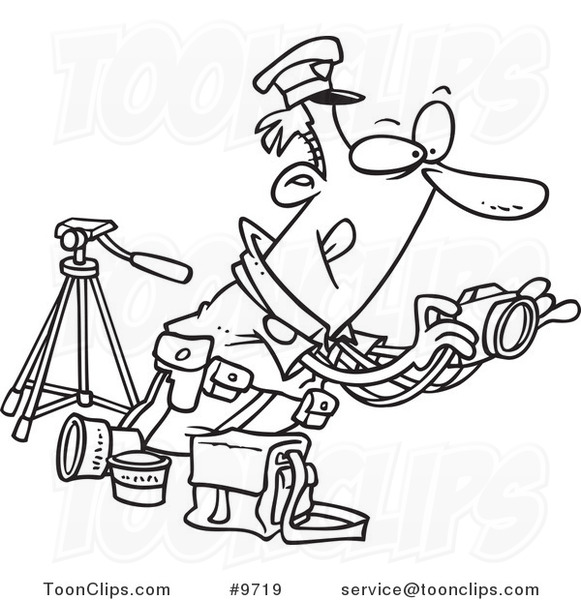 Cartoon Black and White Line Drawing of a Cop Taking Photos