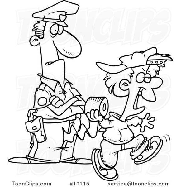 Cartoon Black and White Line Drawing of a Cop Watching a Boy Throw Toilet Paper