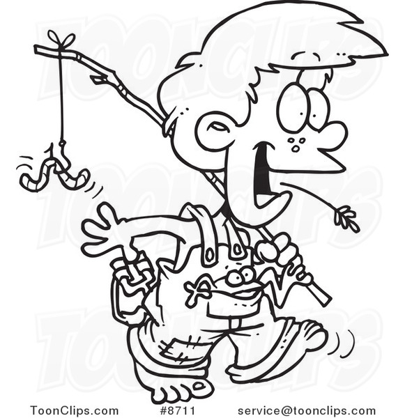 Cartoon Black and White Line Drawing of a Country Boy Carrying a