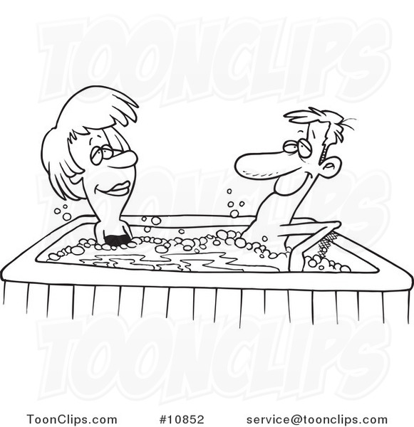 Cartoon Black And White Line Drawing Of A Couple In A Hot Tub 10852 By Ron Leishman