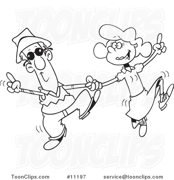Cartoon Black and White Line Drawing of a Couple Swing Dancing #11197 by  Ron Leishman