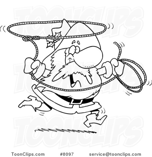 Cartoon Black and White Line Drawing of a Cowboy Santa Swinging a Lasso