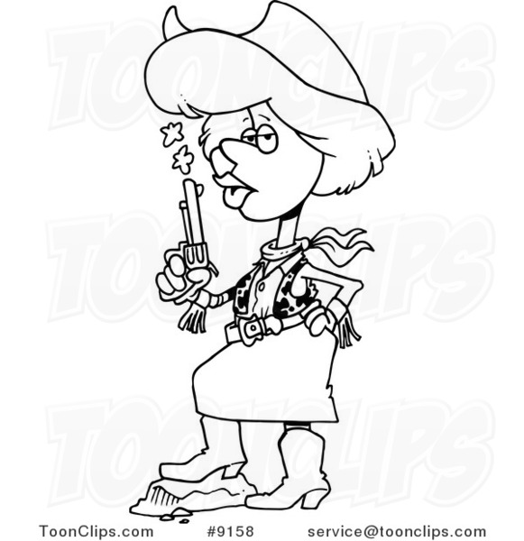 Cartoon Black and White Line Drawing of a Cowgirl Blowing on a Smoking