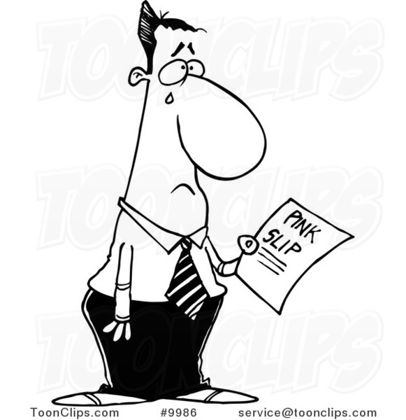 Cartoon Black and White Line Drawing of a Crying Business Man Holding a Pink Slip