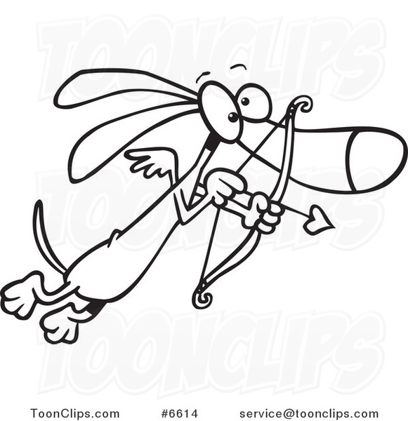 Cartoon Black and White Line Drawing of a Cupid Wiener Dog