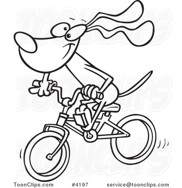 Cartoon Black and White Line Drawing of a Cycling Dog