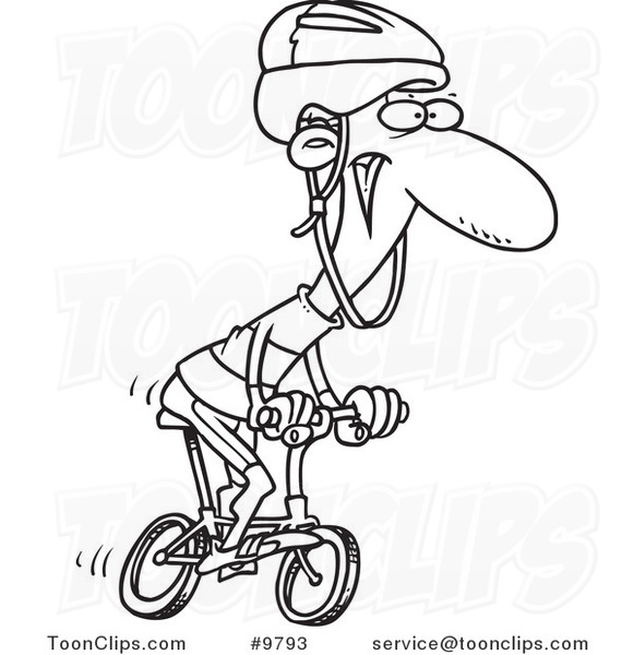 Cartoon Black and White Line Drawing of a Cyclist