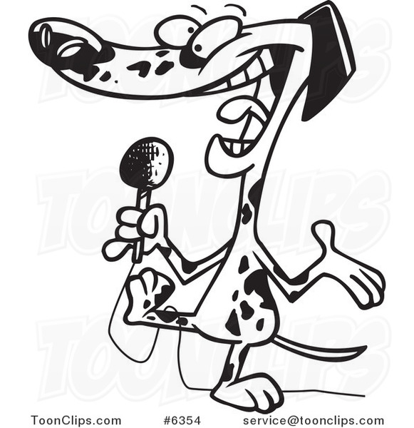 Cartoon Black and White Line Drawing of a Dalmatian Using a Microphone