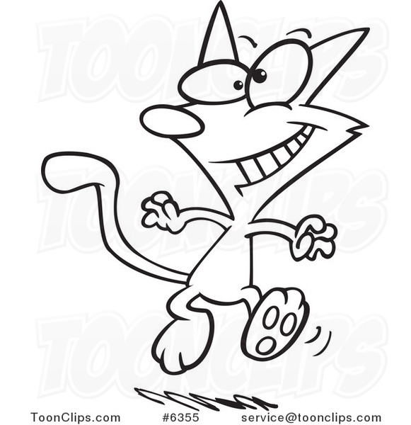 Cartoon Black and White Line Drawing of a Dancing Cat