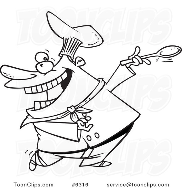 Cartoon Black and White Line Drawing of a Dancing Chef