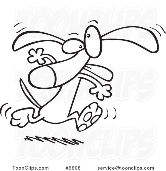Cartoon Black and White Line Drawing of a Dancing Dog