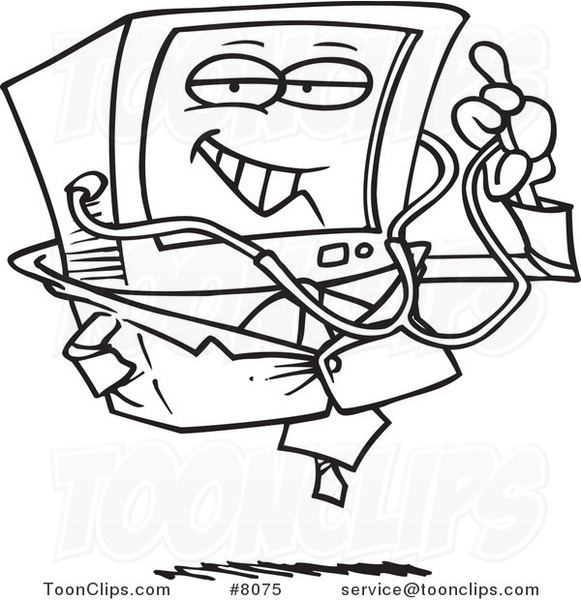 Cartoon Black and White Line Drawing of a Desktop Computer Doctor