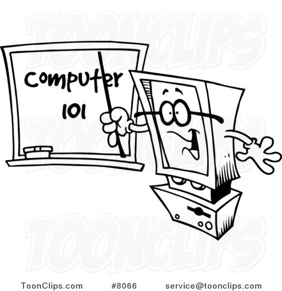 Cartoon Black And White Line Drawing Of A Desktop Computer