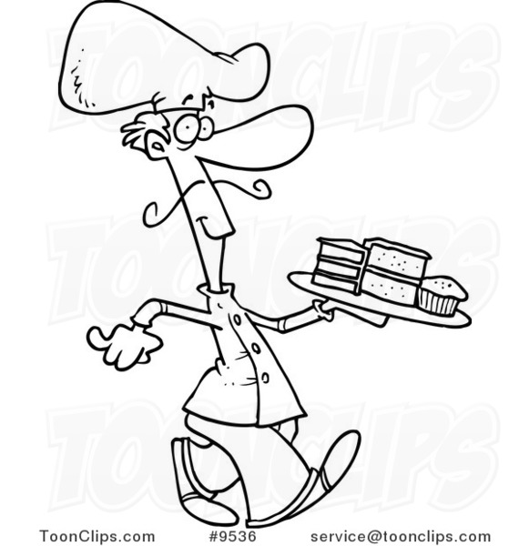 Cartoon Black and White Line Drawing of a Dessert Chef
