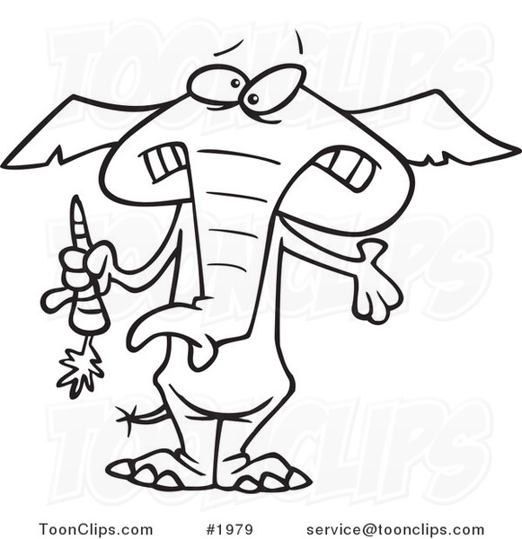 Cartoon Black and White Line Drawing of a Dieting Elephant Trimming up by Eating Carrots