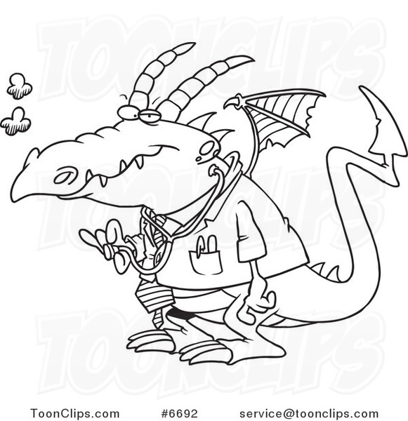 Cartoon Black and White Line Drawing of a Doctor Dragon