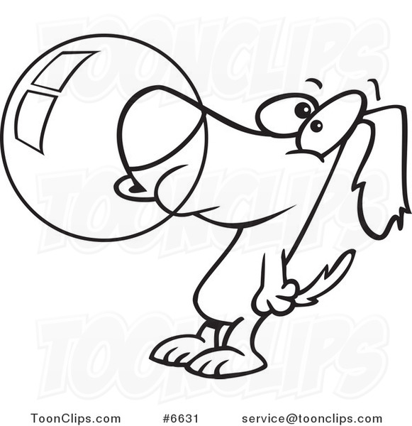 Cartoon Black and White Line Drawing of a Dog Blowing Bubble Gum