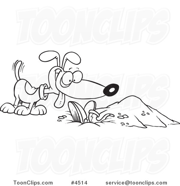 Cartoon Black and White Line Drawing of a Dog by a Buried Person