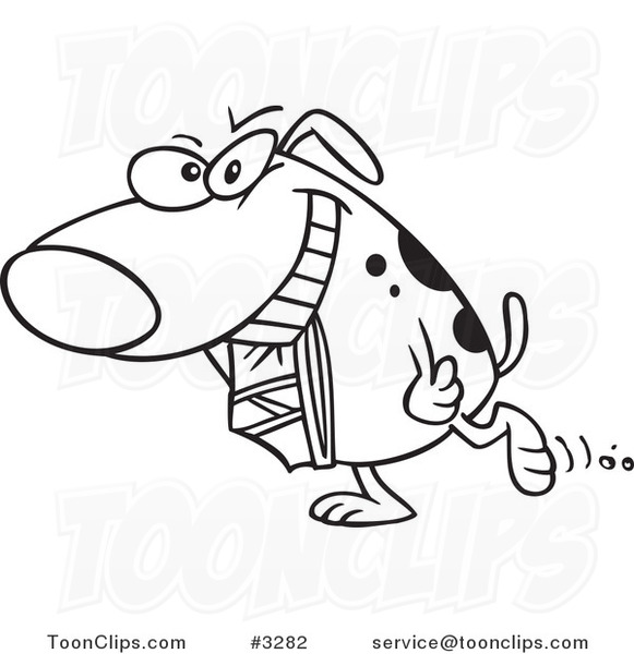 Cartoon Black and White Line Drawing of a Dog Carrying Underwear
