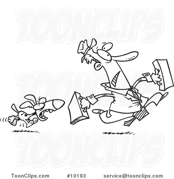 Cartoon Black and White Line Drawing of a Dog Chasing a Salesman
