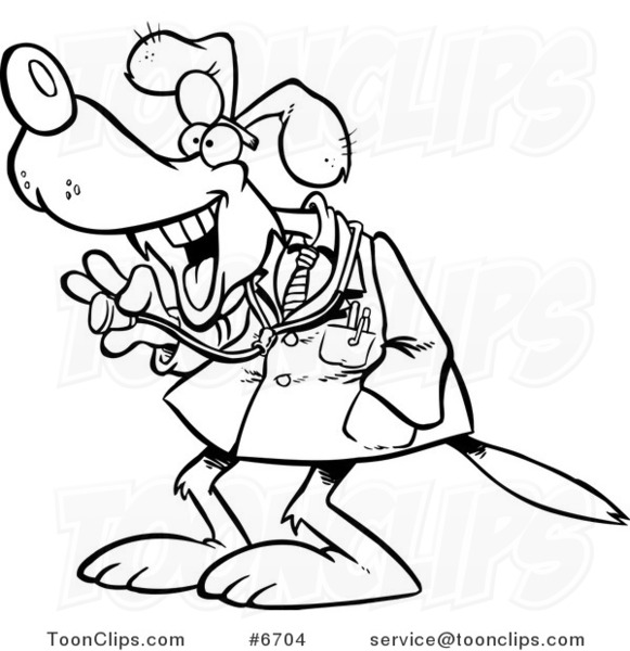 Cartoon Black and White Line Drawing of a Dog Doctor