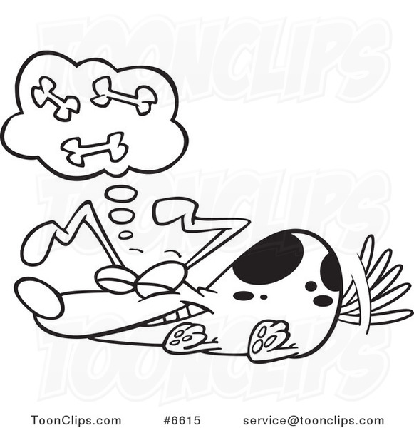 Cartoon Black and White Line Drawing of a Dog Dreaming of Bones