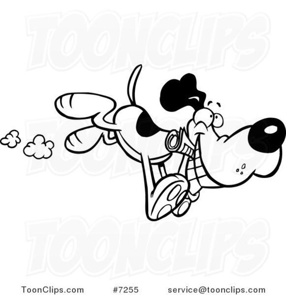 Cartoon Black and White Line Drawing of a Dog Fetching a Newspaper