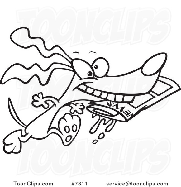 Cartoon Black and White Line Drawing of a Dog Fetching the Newspaper