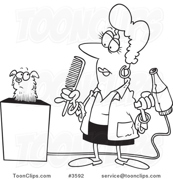 Cartoon Black and White Line Drawing of a Dog Groomer Holding a Comb and Blow Dryer