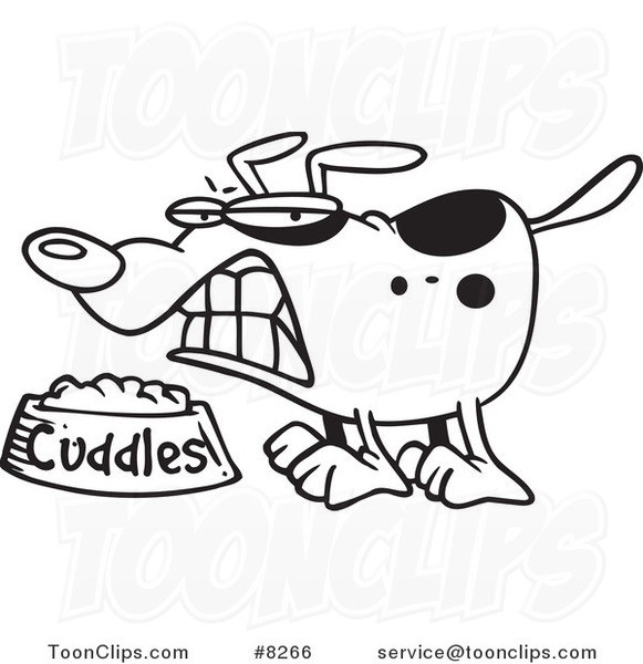 Cartoon Black and White Line Drawing of a Dog Growing over His Food Bowl