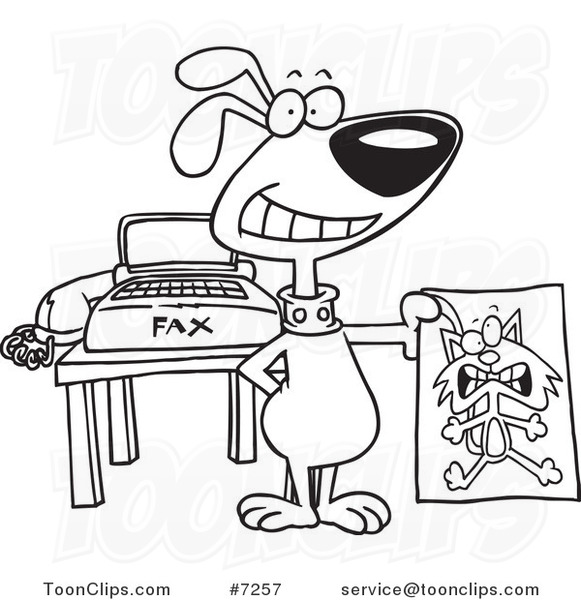 Cartoon Black and White Line Drawing of a Dog Holding a Fax of a Cat