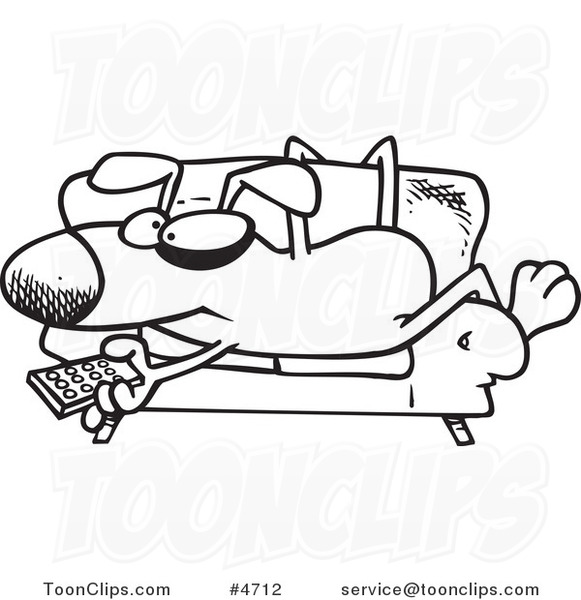 Cartoon Black and White Line Drawing of a Dog Holding a Remote Control and Resting on a Couch