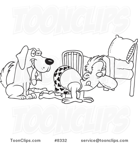 Cartoon Black and White Line Drawing of a Dog Holding a Sock While His Master Searches