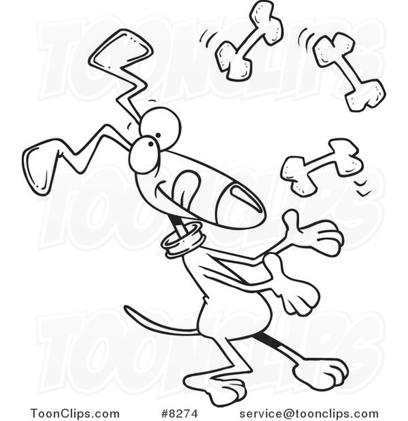 Cartoon Black and White Line Drawing of a Dog Juggling Bones
