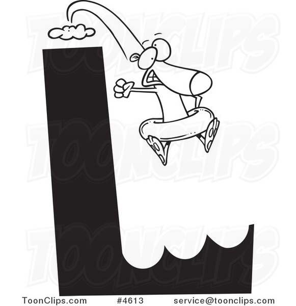 Cartoon Black and White Line Drawing of a Dog Leaping off of an L Cliff with an Inner Tube