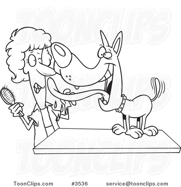 Cartoon Black and White Line Drawing of a Dog Licking His Groomer