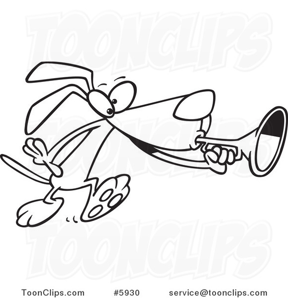 Cartoon Black and White Line Drawing of a Dog Playing a Horn