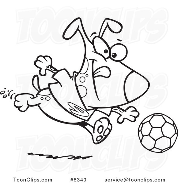 Cartoon Black and White Line Drawing of a Dog Playing Soccer