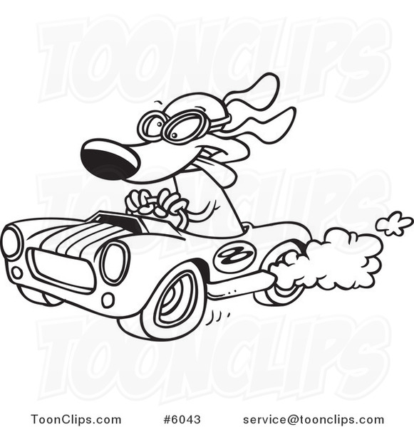 Cartoon Black and White Line Drawing of a Dog Racing a Hot Rod