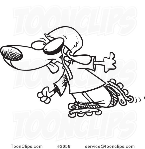 Cartoon Black and White Line Drawing of a Dog Roller Blading