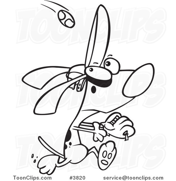 Cartoon Black and White Line Drawing of a Dog Running to Catch a Baseball