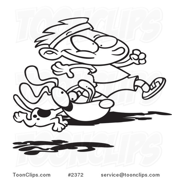 Cartoon Black and White Line Drawing of a Dog Running with a Boy