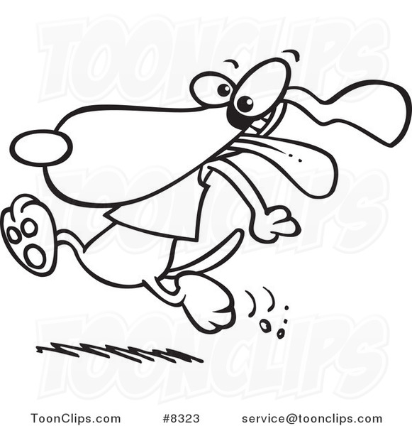 Cartoon Black and White Line Drawing of a Dog Running with His Tongue Hanging out
